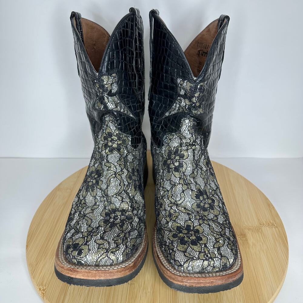Ferrini Cowgirl Cool Floral Leather Boots Black Silver Size 8.5 - Picture 2 of 8